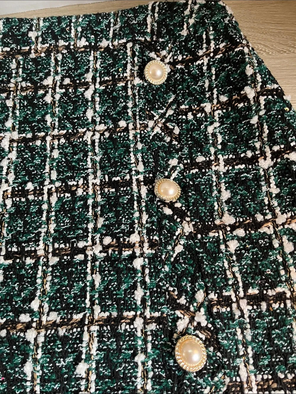 Plaid Tweed Mini Skirt with Pearl Button Accents
